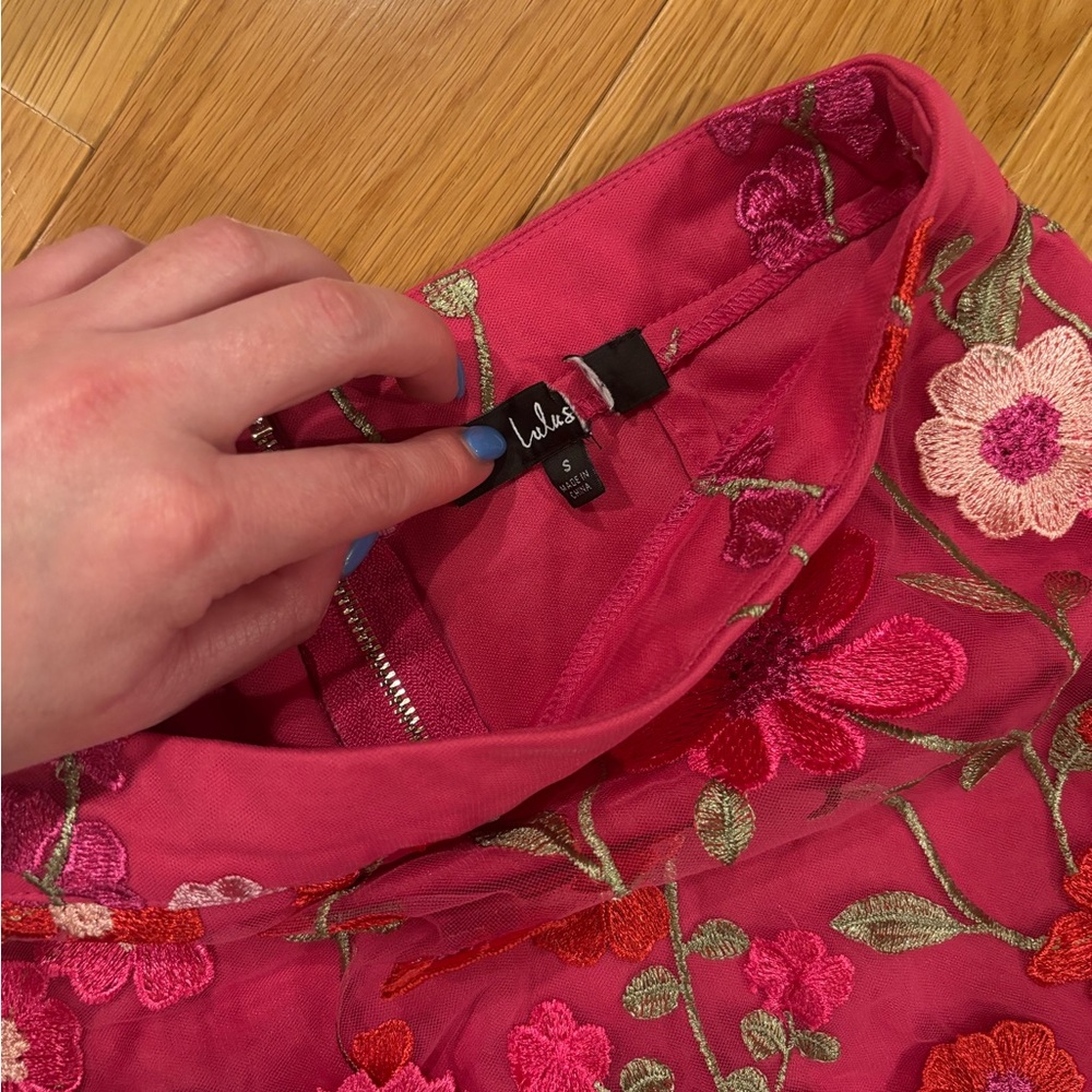 Lulu's Hot Pink Floral Appliqué Midi Skirt - Picture 3 of 3